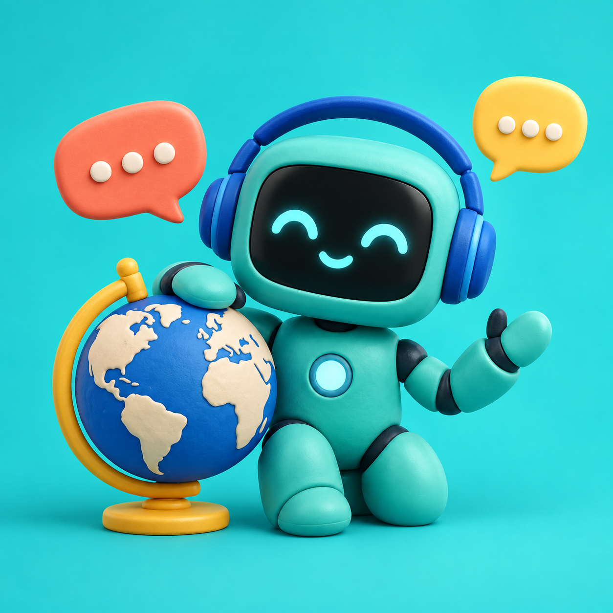 Friendly robot wearing headphones beside a globe