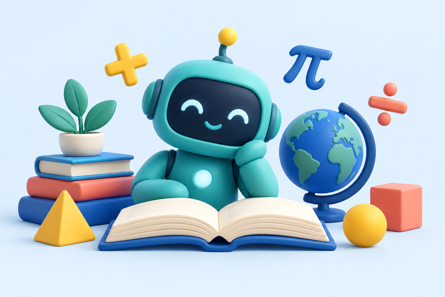 A cheerful teal learning companion with a book, globe and colourful math symbols