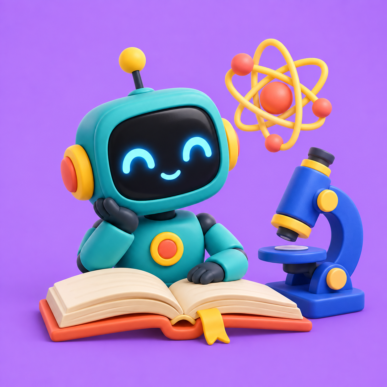 Teal robot exploring a book and microscope